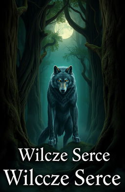 A mystical werewolf standing majestically in a dense, dark green forest, illuminated by moonlight filtering through the treetops