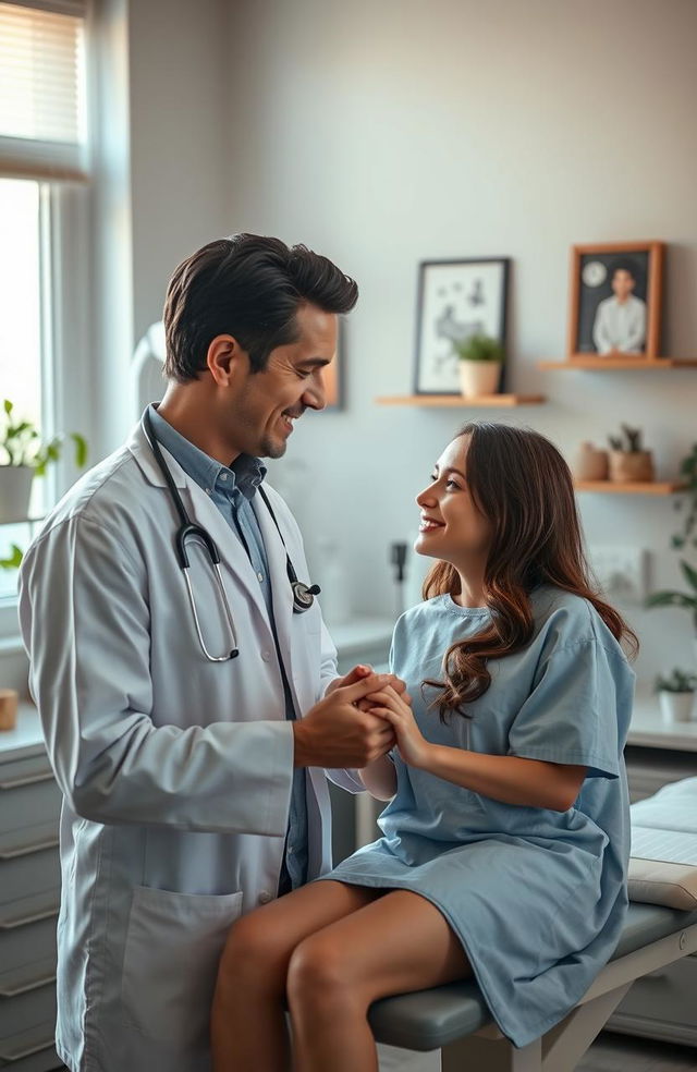 A romantic scene depicting a doctor and his patient in a cozy, softly lit medical office