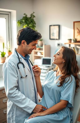 A romantic scene depicting a doctor and his patient in a cozy, softly lit medical office