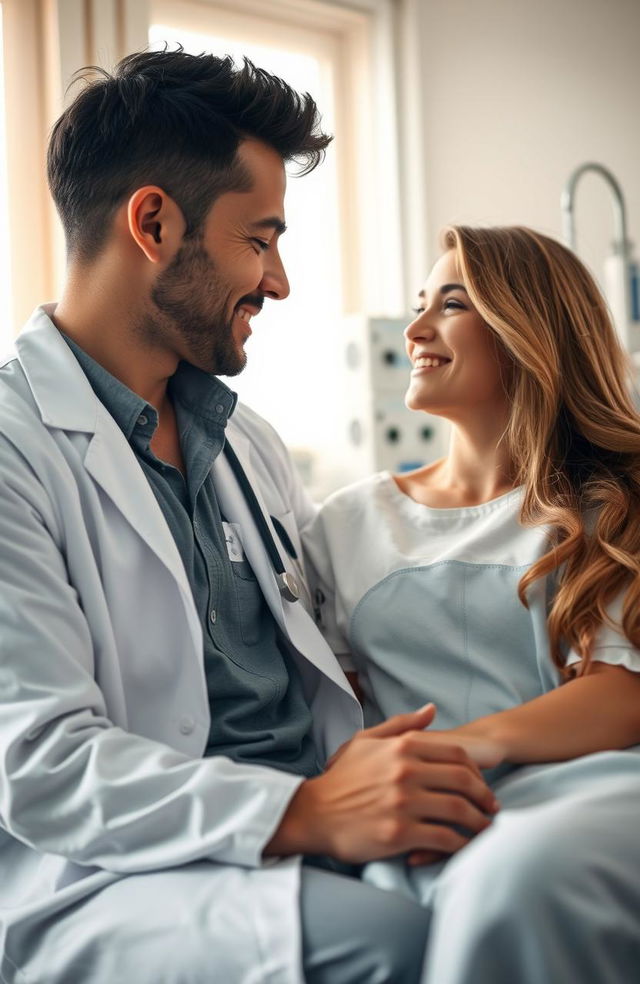 A romantic scene featuring a doctor and his patient in a softly lit hospital room