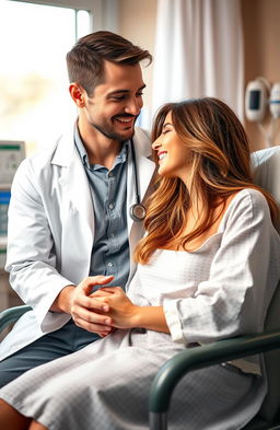 A romantic scene featuring a doctor and his patient in a softly lit hospital room