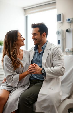 A romantic scene featuring a doctor and his patient in a softly lit hospital room