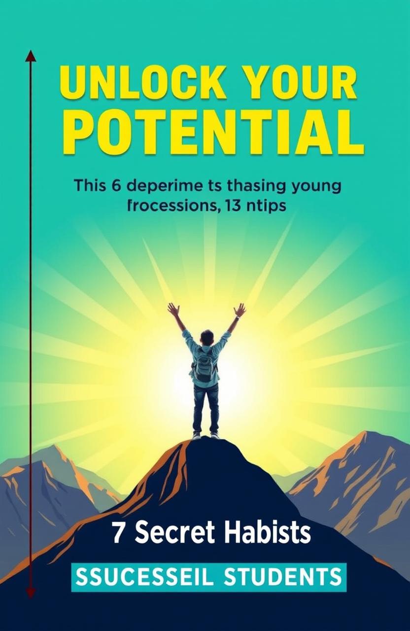 A visually striking book cover for a self-help book titled 'Unlock Your Potential: The 7 Secret Habits of Successful Students'