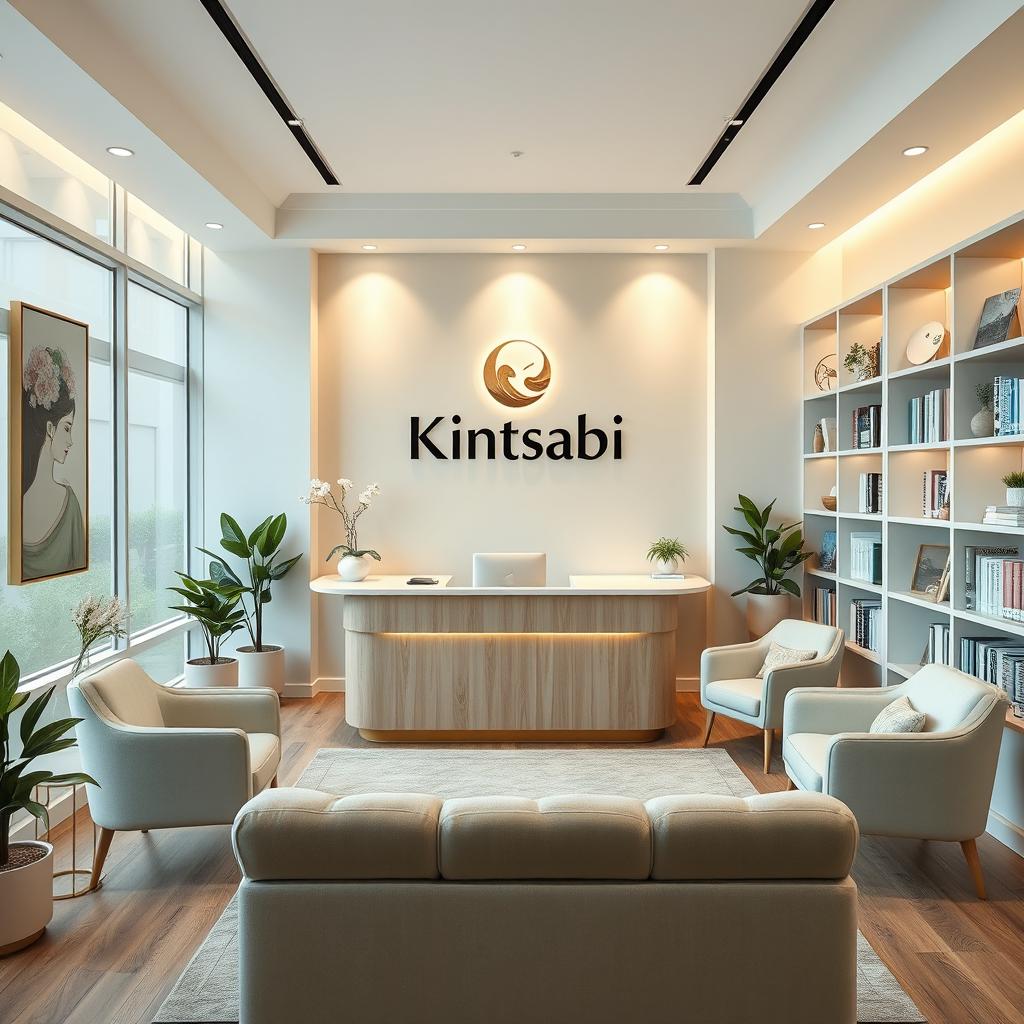 A thoughtfully designed psychological counseling office for adults named 'Kintsabi,' featuring a main desk and suitable furnishings for effective client care