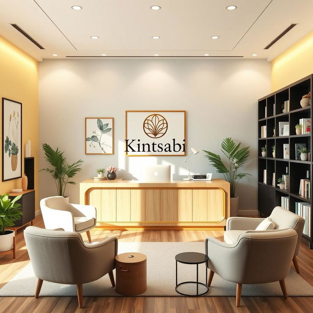 A thoughtfully designed psychological counseling office for adults named 'Kintsabi,' featuring a main desk and suitable furnishings for effective client care