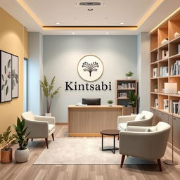 A thoughtfully designed psychological counseling office for adults named 'Kintsabi,' featuring a main desk and suitable furnishings for effective client care