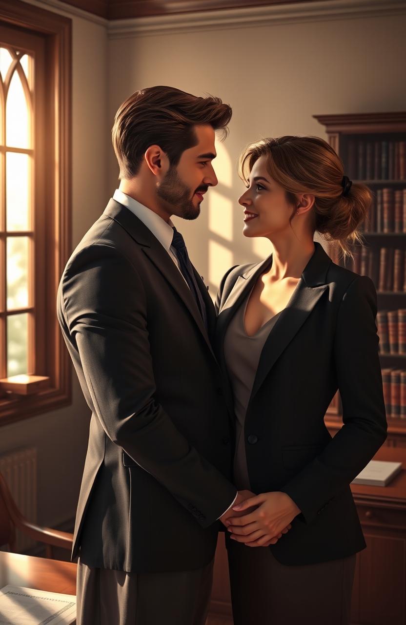 A romantic scene depicting a handsome lawyer and his beautiful female client in an intimate and soft-lit law office