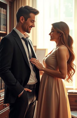 A romantic scene depicting a handsome lawyer and his beautiful female client in an intimate and soft-lit law office
