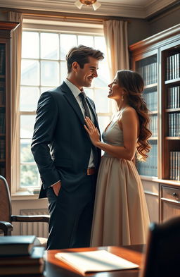 A romantic scene depicting a handsome lawyer and his beautiful female client in an intimate and soft-lit law office