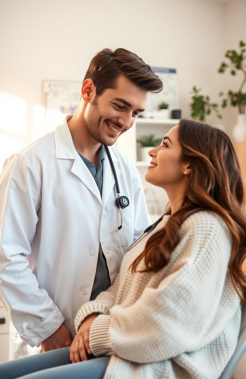 A romantic scene set in a softly lit doctor's office, featuring a caring doctor and his patient