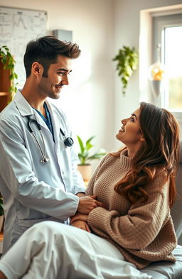 A romantic scene set in a softly lit doctor's office, featuring a caring doctor and his patient
