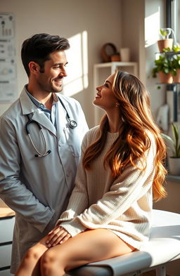 A romantic scene set in a softly lit doctor's office, featuring a caring doctor and his patient