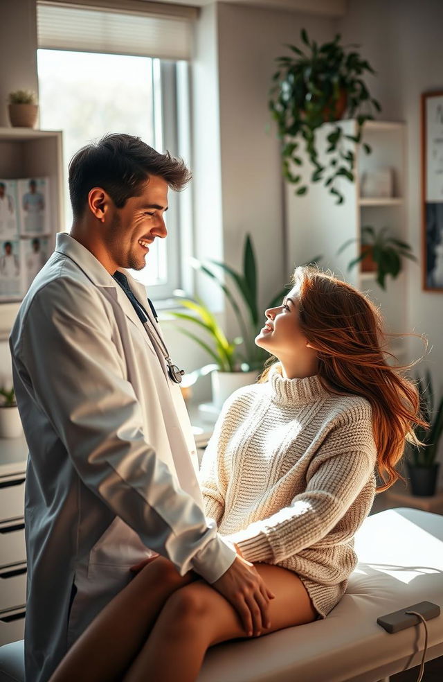 A romantic scene set in a softly lit doctor's office, featuring a caring doctor and his patient