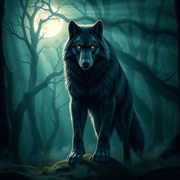 A majestic werewolf standing proudly in a dark green forest, with moonlight streaming through the branches above, creating a magical glow around it