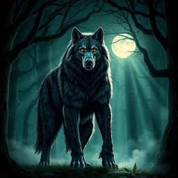 A majestic werewolf standing proudly in a dark green forest, with moonlight streaming through the branches above, creating a magical glow around it