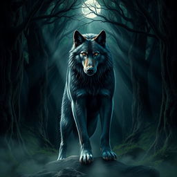A majestic werewolf standing proudly in a dark green forest, with moonlight streaming through the branches above, creating a magical glow around it