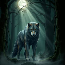 A majestic werewolf standing proudly in a dark green forest, with moonlight streaming through the branches above, creating a magical glow around it