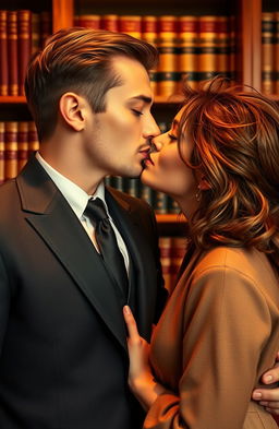 A romantic scene depicting a passionate kiss between a handsome lawyer and his beautiful, impoverished client