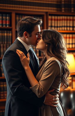 A romantic scene depicting a passionate kiss between a handsome lawyer and his beautiful, impoverished client