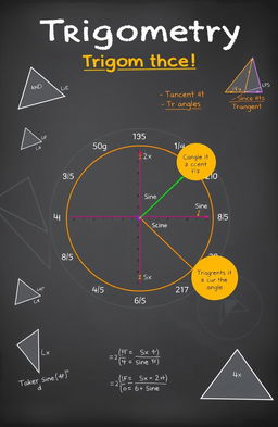 A detailed educational illustration about trigonometry, showcasing the sine, cosine, and tangent functions on the unit circle