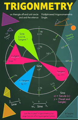 A detailed educational illustration about trigonometry, showcasing the sine, cosine, and tangent functions on the unit circle