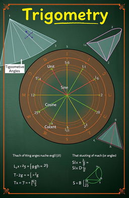 A detailed educational illustration about trigonometry, showcasing the sine, cosine, and tangent functions on the unit circle