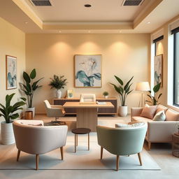 An elegantly designed psychological counseling office for adults featuring a modern desk and appropriate furnishings for client care