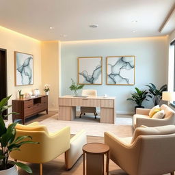 An elegantly designed psychological counseling office for adults featuring a modern desk and appropriate furnishings for client care