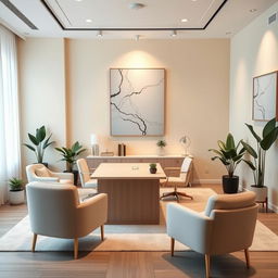 An elegantly designed psychological counseling office for adults featuring a modern desk and appropriate furnishings for client care