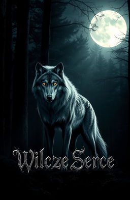 A werewolf standing majestically in the dark forest, surrounded by towering trees