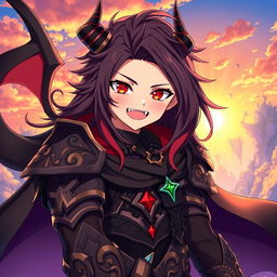 A highly detailed illustration of Vanir from Konosuba, depicted as a demon lord with a mischievous smile and piercing red eyes