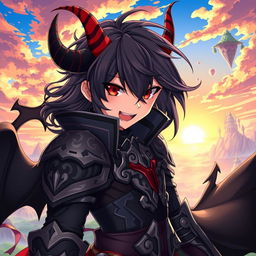 A highly detailed illustration of Vanir from Konosuba, depicted as a demon lord with a mischievous smile and piercing red eyes