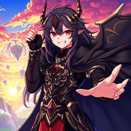 A highly detailed illustration of Vanir from Konosuba, depicted as a demon lord with a mischievous smile and piercing red eyes