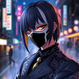 An artistic portrayal of an anime character wearing a striking black and white mask that obscures their entire face, creating an air of mystery and intrigue