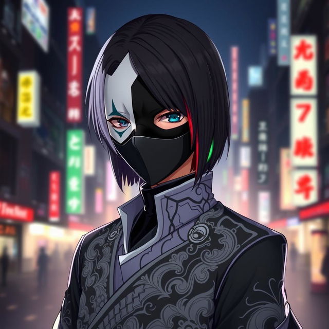 An artistic portrayal of an anime character wearing a striking black and white mask that obscures their entire face, creating an air of mystery and intrigue