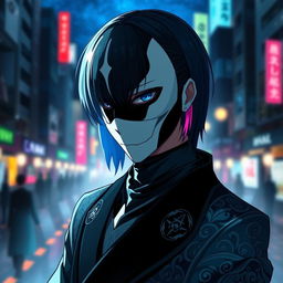 An artistic portrayal of an anime character wearing a striking black and white mask that obscures their entire face, creating an air of mystery and intrigue