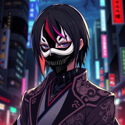 An artistic portrayal of an anime character wearing a striking black and white mask that obscures their entire face, creating an air of mystery and intrigue