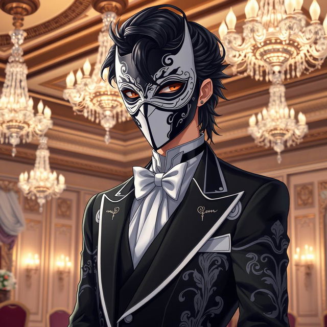 An elegant depiction of an anime character wearing a sophisticated black and white mask that covers their face completely, exuding a mysterious aura