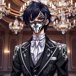 An elegant depiction of an anime character wearing a sophisticated black and white mask that covers their face completely, exuding a mysterious aura