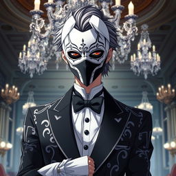 An elegant depiction of an anime character wearing a sophisticated black and white mask that covers their face completely, exuding a mysterious aura