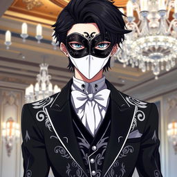 An elegant depiction of an anime character wearing a sophisticated black and white mask that covers their face completely, exuding a mysterious aura