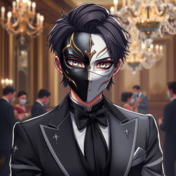 An anime character strikingly designed with a half black and half white mask that fully covers their face, creating a compelling contrast