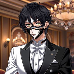 An anime character strikingly designed with a half black and half white mask that fully covers their face, creating a compelling contrast