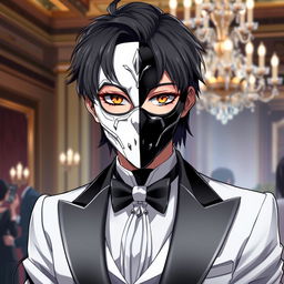 An anime character strikingly designed with a half black and half white mask that fully covers their face, creating a compelling contrast