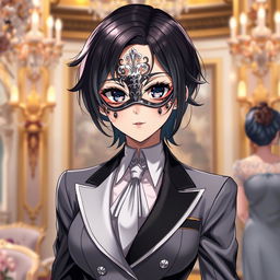 A captivating female anime character adorned with a half black and half white mask that elegantly covers her face, creating a striking contrast