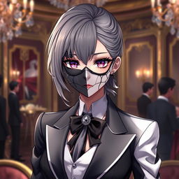A captivating female anime character adorned with a half black and half white mask that elegantly covers her face, creating a striking contrast