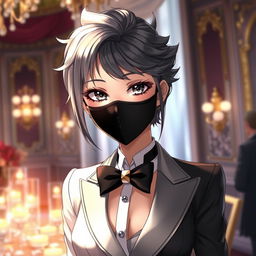 A captivating female anime character adorned with a half black and half white mask that elegantly covers her face, creating a striking contrast