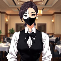 A stylish anime female character featuring a half black and half white mask that covers her face, adding a touch of mystery to her appearance