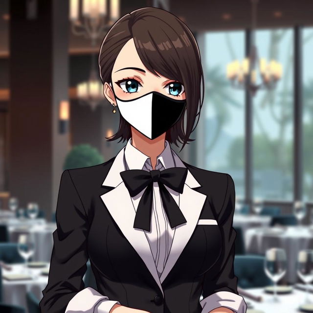 A stylish anime female character featuring a half black and half white mask that covers her face, adding a touch of mystery to her appearance