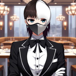 A stylish anime female character featuring a half black and half white mask that covers her face, adding a touch of mystery to her appearance